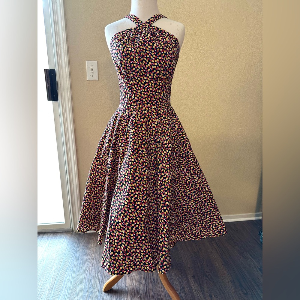 Bernie Dexter red, yellow and black 50s halter cross cross dress